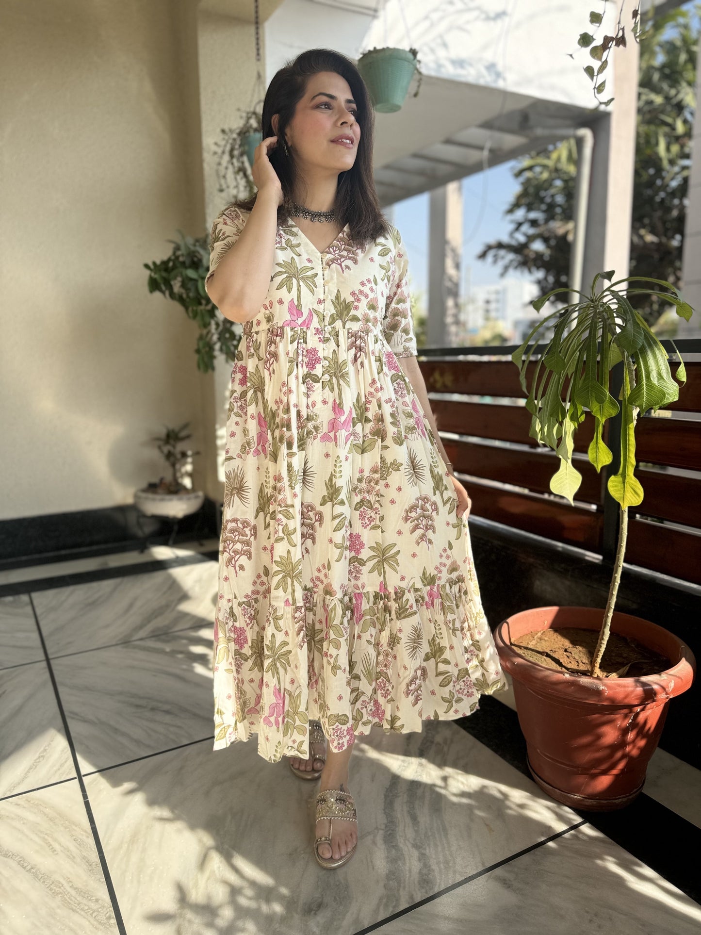 Cream Printed Cotton Dress