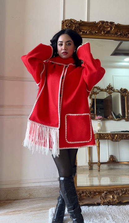 Serena OverCoat With Scarf in Red