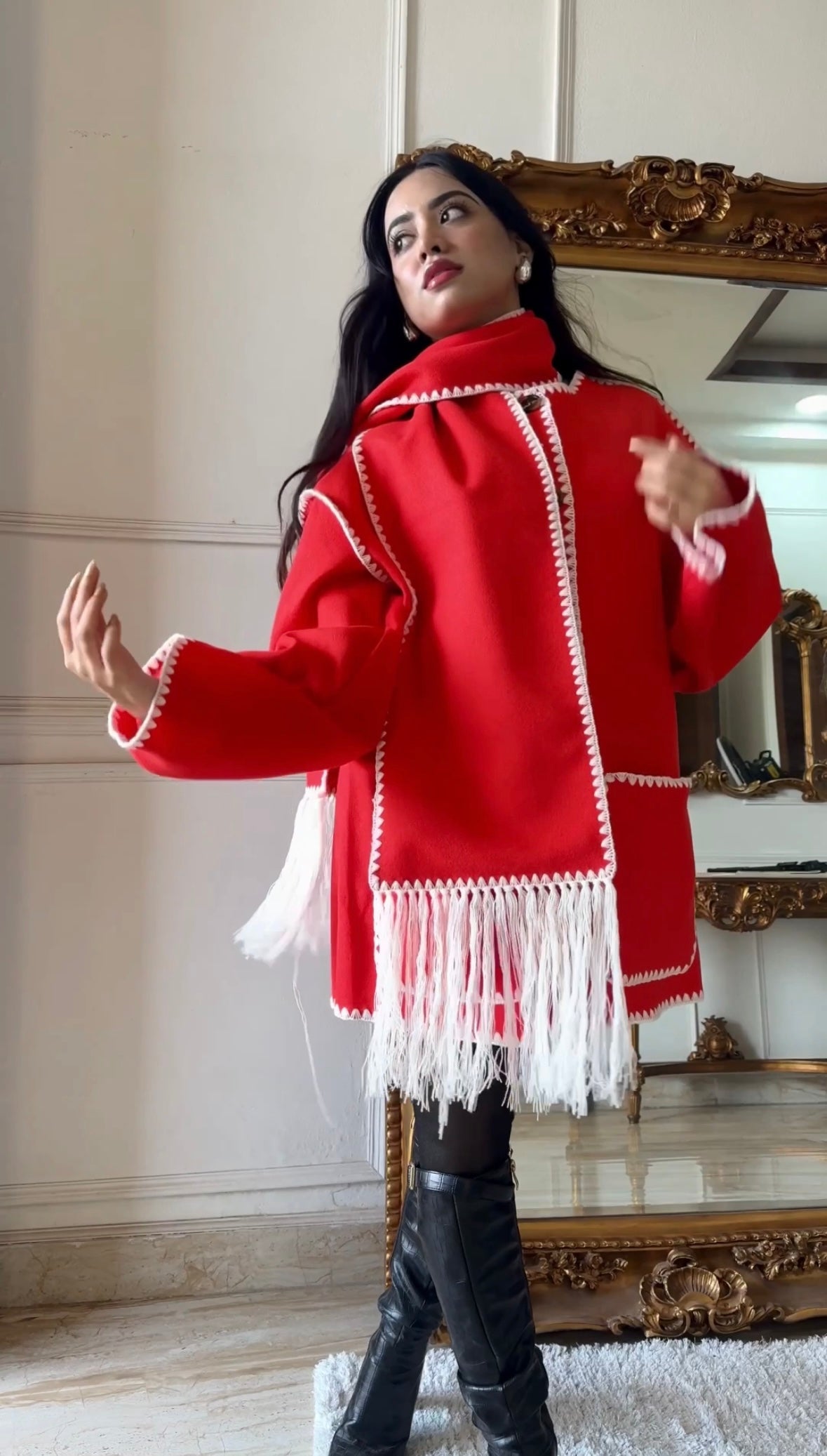 Serena OverCoat With Scarf in Red