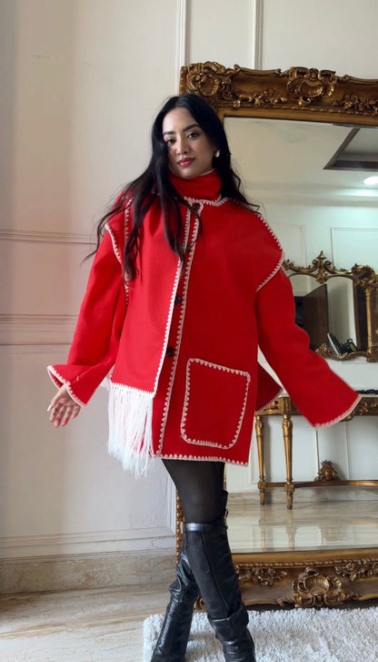 Serena OverCoat With Scarf in Red