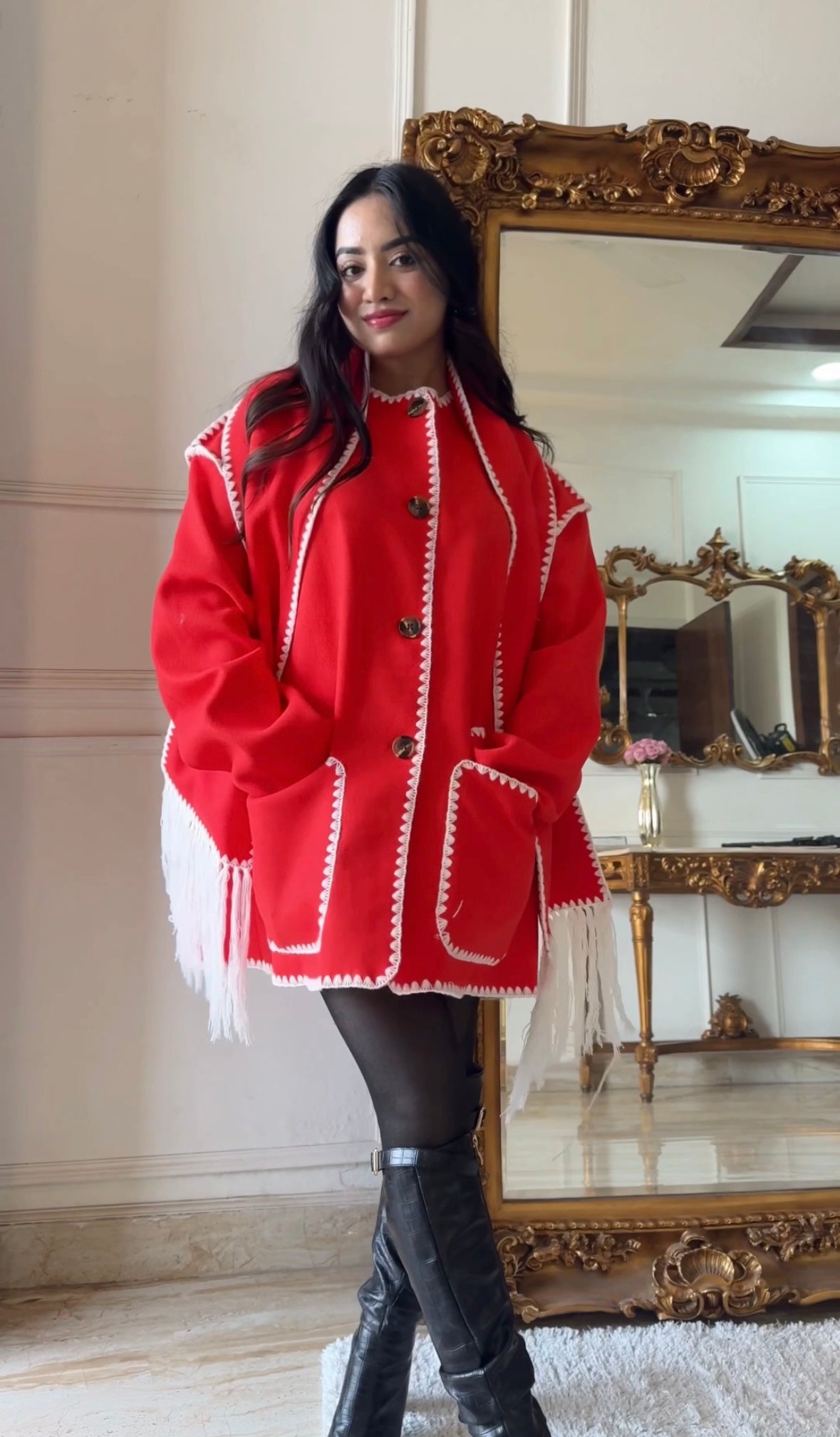 Serena OverCoat With Scarf in Red