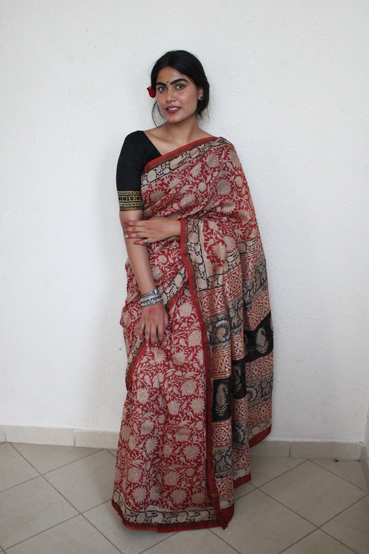 Shreshtha- Bagru Natural Dyes Handblock Printed - Chanderi Silk Saree