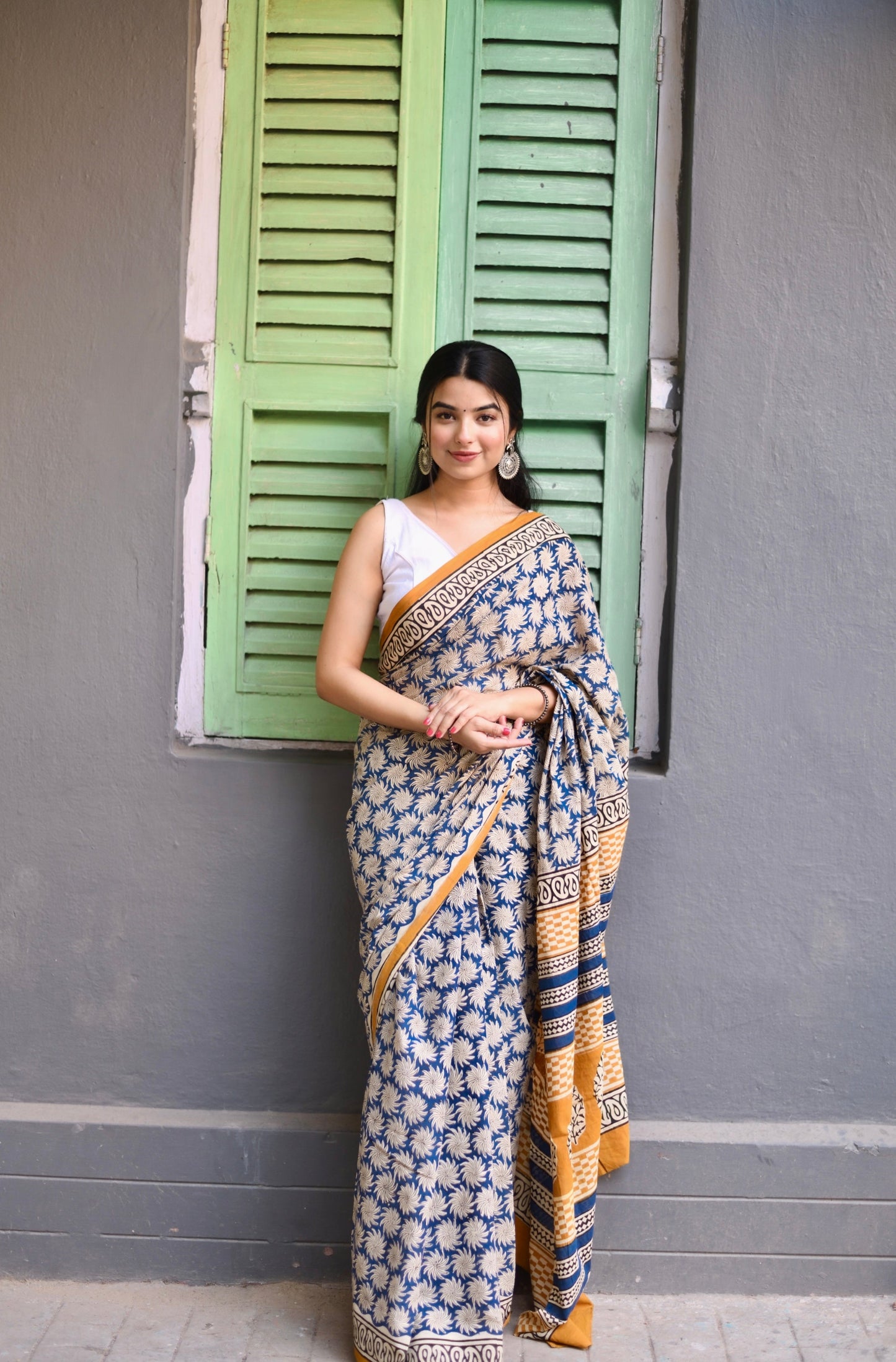 Blue Jasmine - Bagru Handblock Print Natural Dyed - Blue Mulmul Cotton Saree