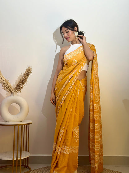 Basant Bloom - Handblock Print Natural Dyed - Mulmul Cotton Saree