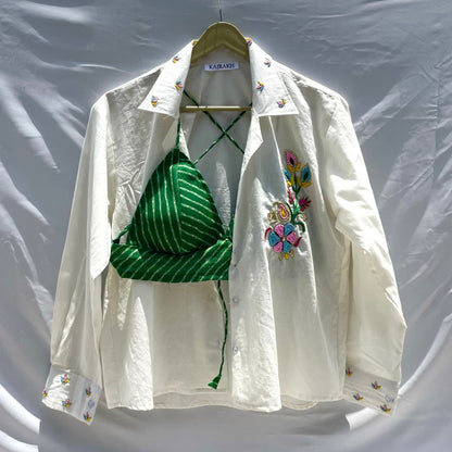 Embroidered Shirt with Green Lehariya Bralette Combo