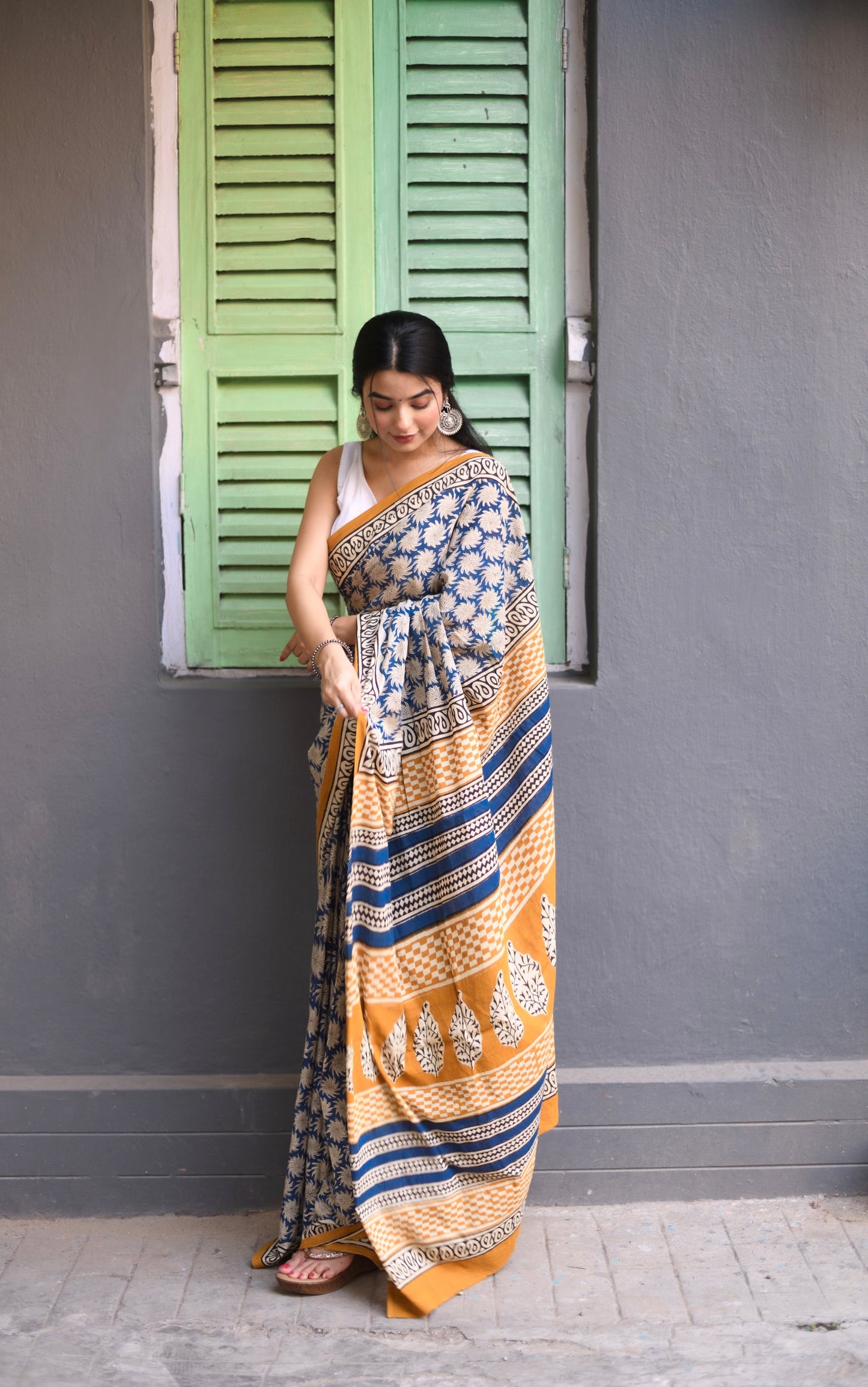 Blue Jasmine - Bagru Handblock Print Natural Dyed - Blue Mulmul Cotton Saree