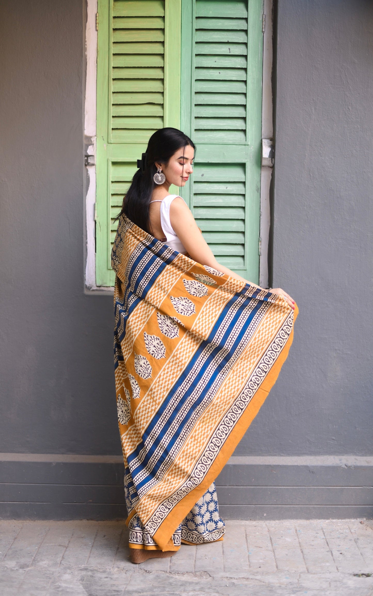 Blue Jasmine - Bagru Handblock Print Natural Dyed - Blue Mulmul Cotton Saree