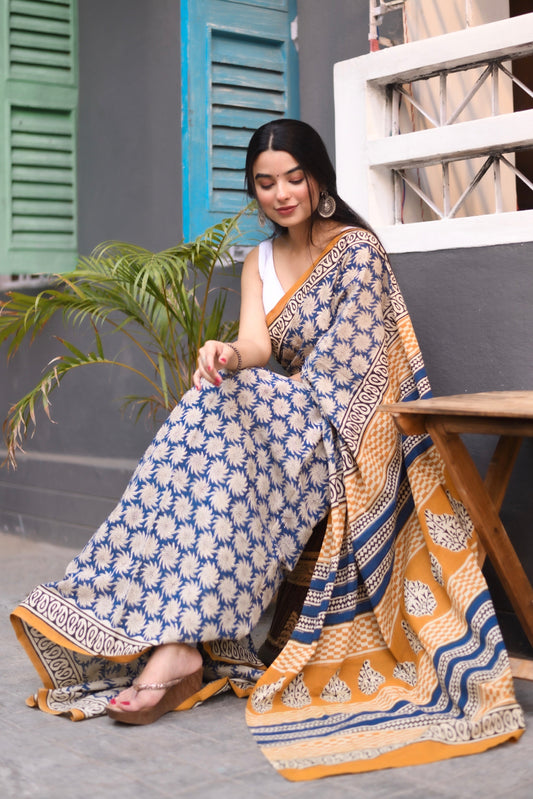 Blue Jasmine Bagru Handblocked Saree