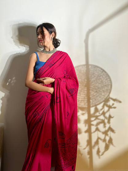 Mera Wala Pink - Handblock Print Natural Dyed - Mulmul Cotton Saree