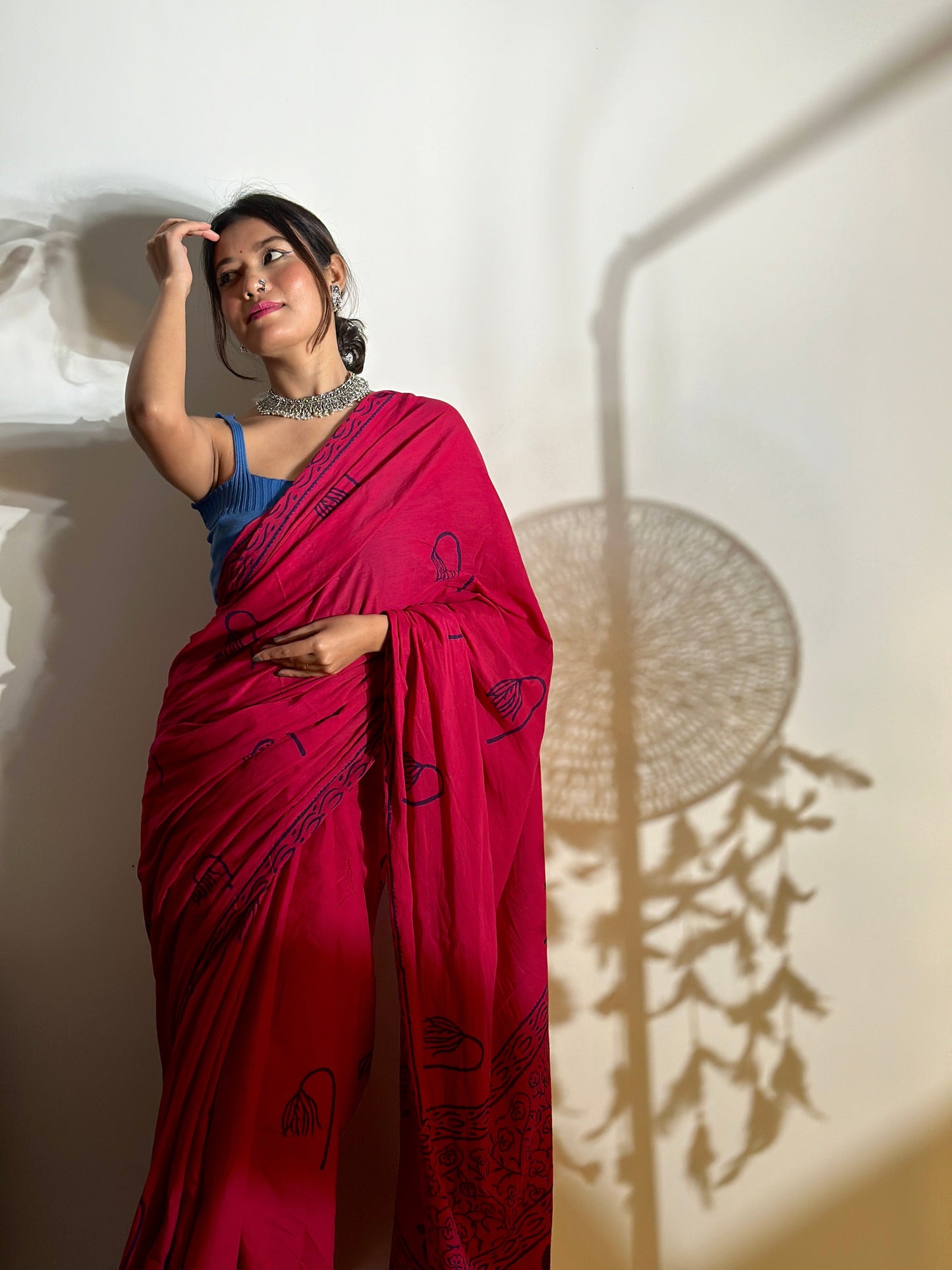 Mera Wala Pink - Handblock Print Natural Dyed - Mulmul Cotton Saree