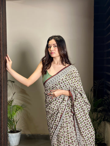 Mandana Bagru Natural Dyes Handblock Printed Cotton Mulmul Saree