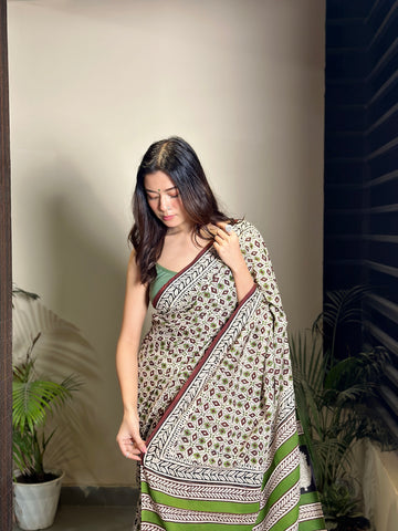 Mandana Bagru Natural Dyes Handblock Printed Cotton Mulmul Saree