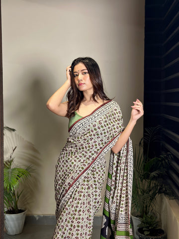 Mandana Bagru Natural Dyes Handblock Printed Cotton Mulmul Saree