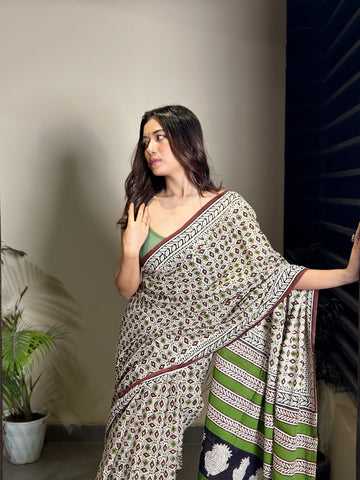 Mandana Bagru Natural Dyes Handblock Printed Cotton Mulmul Saree