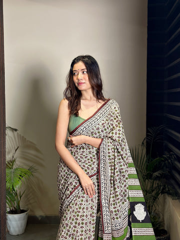 Mandana Bagru Natural Dyes Handblock Printed Cotton Mulmul Saree