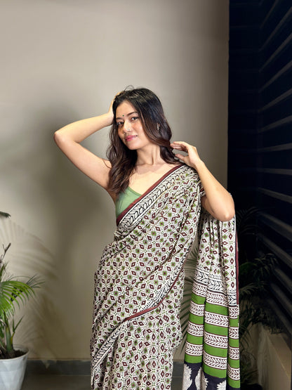 Mandana Bagru Natural Dyes Handblock Printed Cotton Mulmul Saree