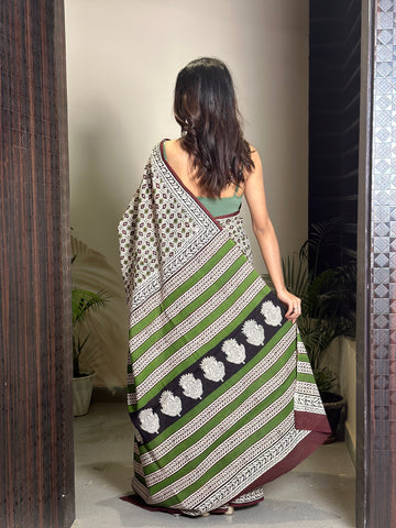 Mandana Bagru Natural Dyes Handblock Printed Cotton Mulmul Saree