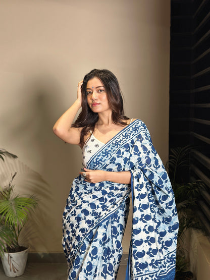 Inspired by Clouds Indigo Cotton Mulmul Dabu Saree