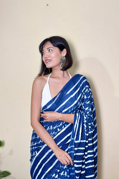 Sonchoraiya Indigo Handblock - Mul Cotton Dabu Saree