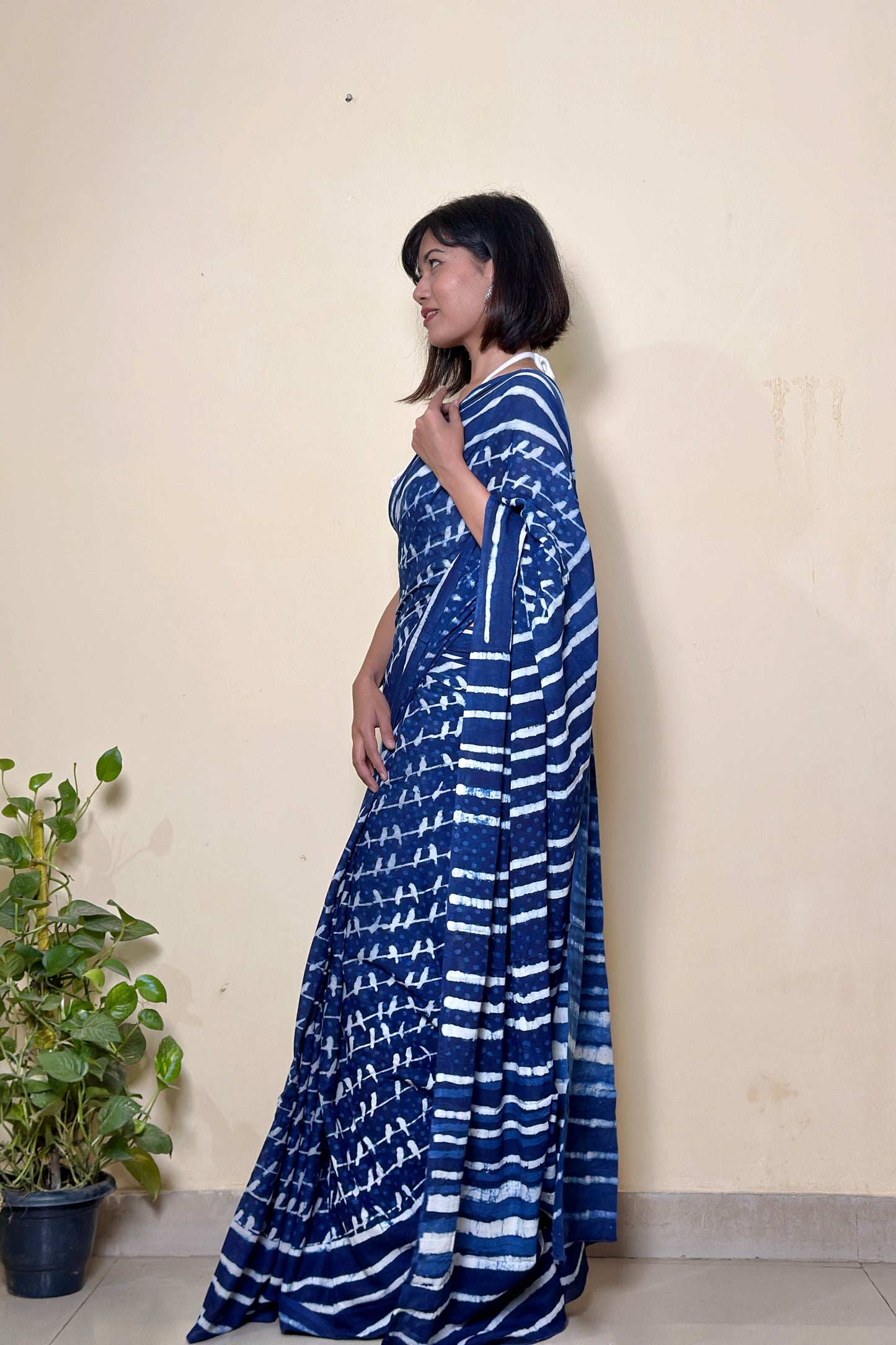 Sonchoraiya Indigo Handblock - Mul Cotton Dabu Saree