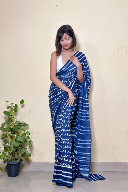 Sonchoraiya Indigo Handblock - Mul Cotton Dabu Saree