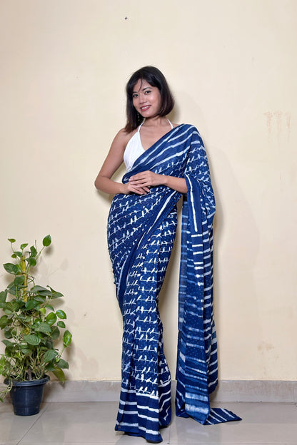 Sonchoraiya Indigo Handblock - Mul Cotton Dabu Saree