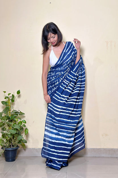 Sonchoraiya Indigo Handblock - Mul Cotton Dabu Saree