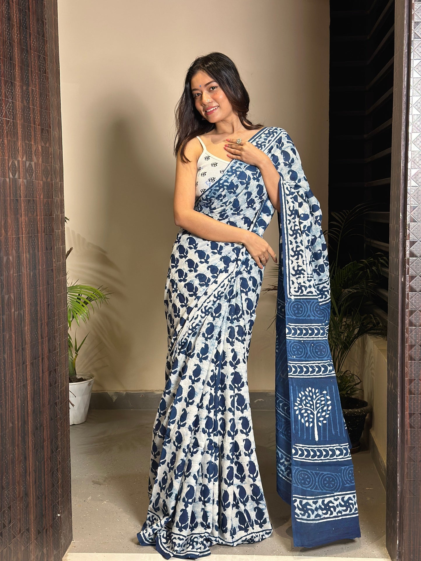 Inspired by Clouds Indigo Cotton Mulmul Dabu Saree