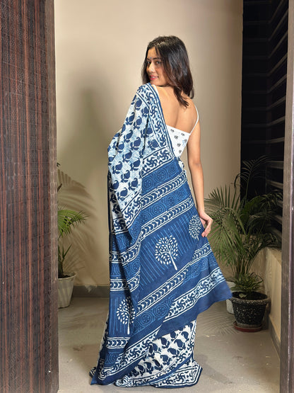 Inspired by Clouds Indigo Cotton Mulmul Dabu Saree