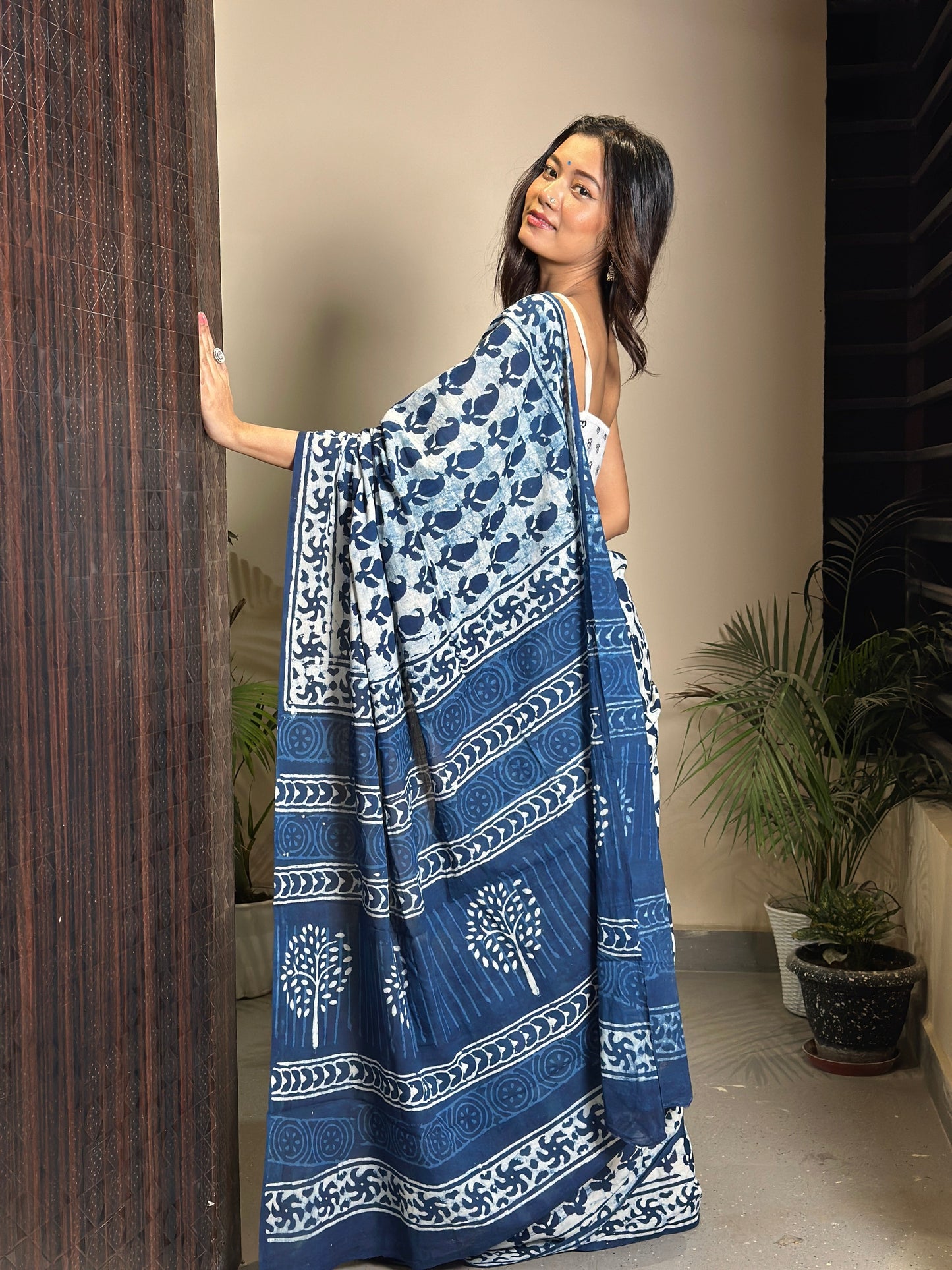 Inspired by Clouds Indigo Cotton Mulmul Dabu Saree