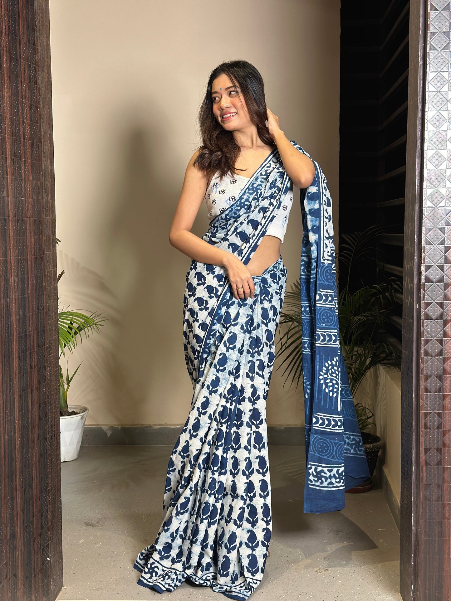 Inspired by Clouds Indigo Cotton Mulmul Dabu Saree