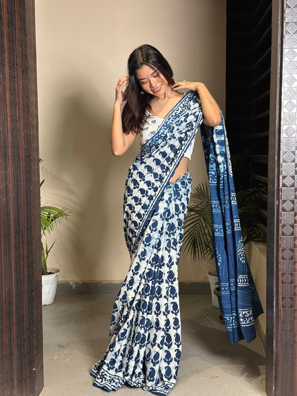 Inspired by Clouds Indigo Cotton Mulmul Dabu Saree