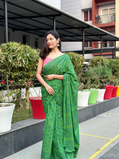 Lotus in Green hue - Handblock Print Natural Dyed - Mulmul Cotton Saree