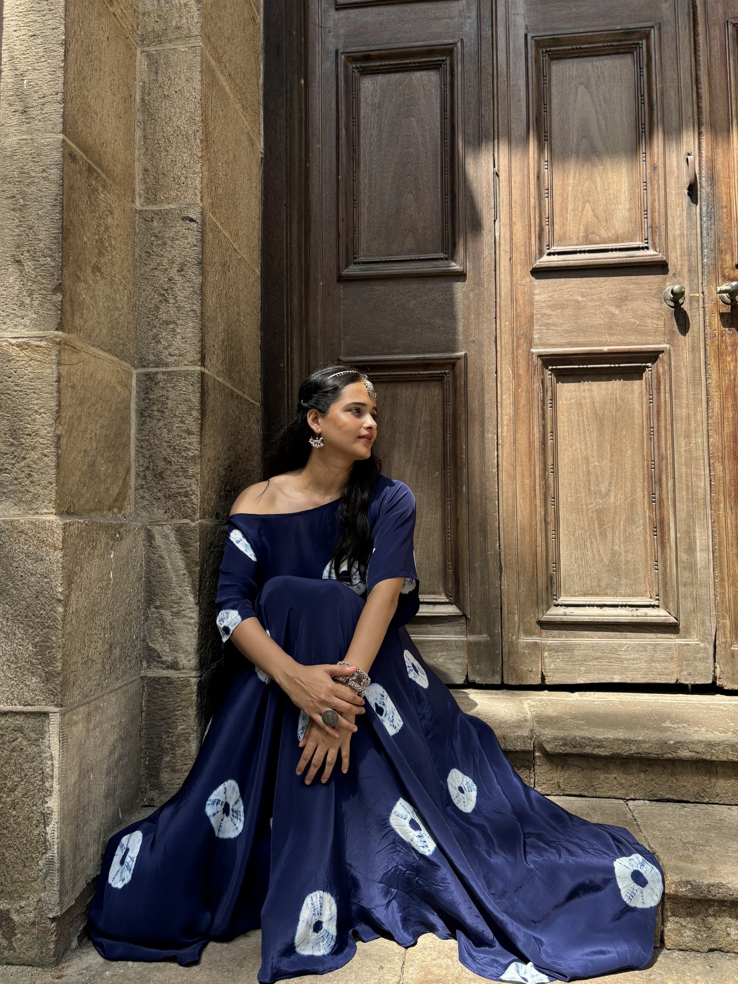 Indi Blue Tie & Dye Off Shoulder Top and Lehenga Set