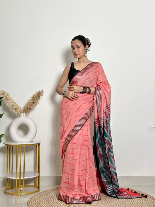 Coral And Grey Ikat Natural Dyed HandCrafted Soft Linen Saree