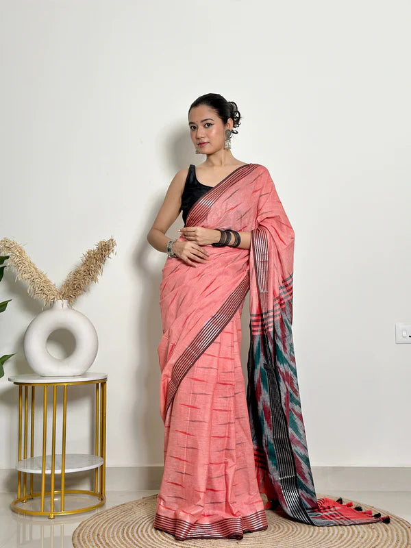 Ikat Natural Dyed HandCrafted Soft Linen Saree