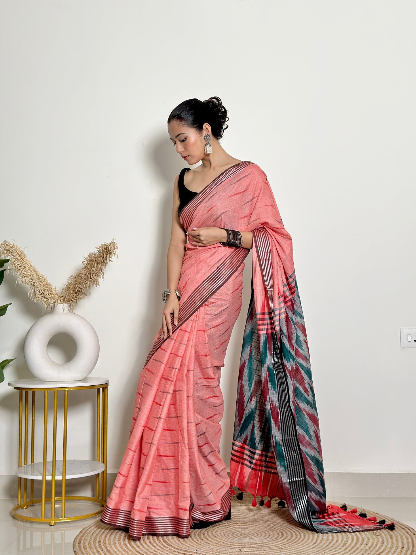 Coral And Grey Ikat Natural Dyed HandCrafted Soft Linen Saree
