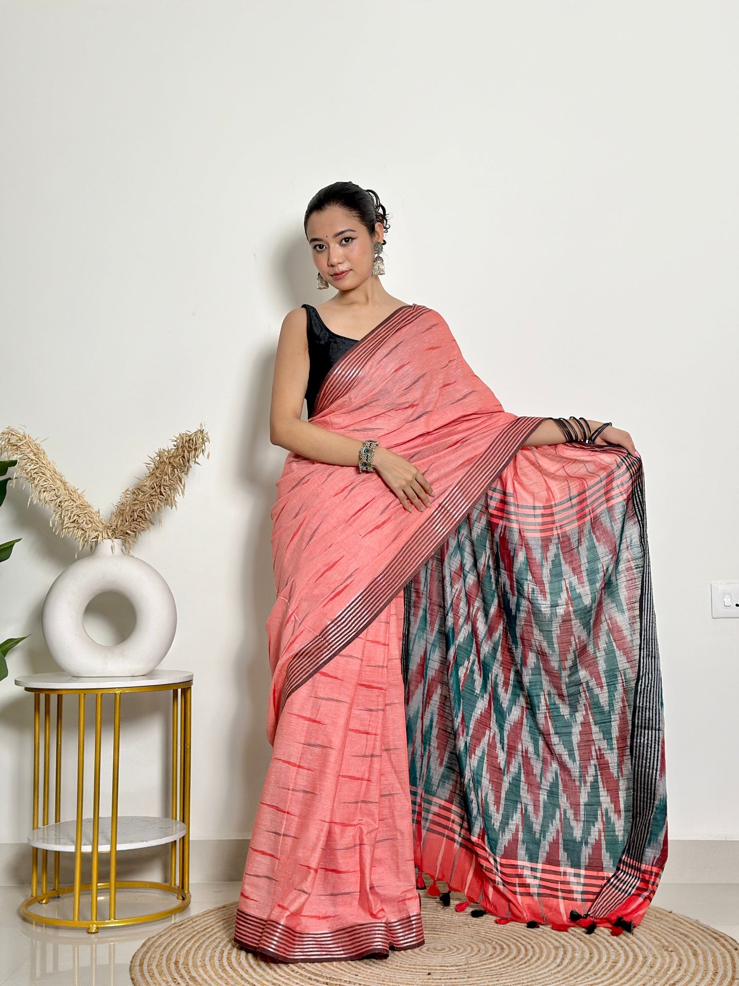 Coral And Grey Ikat Natural Dyed HandCrafted Soft Linen Saree