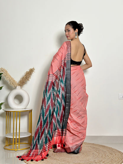 Coral And Grey Ikat Natural Dyed HandCrafted Soft Linen Saree