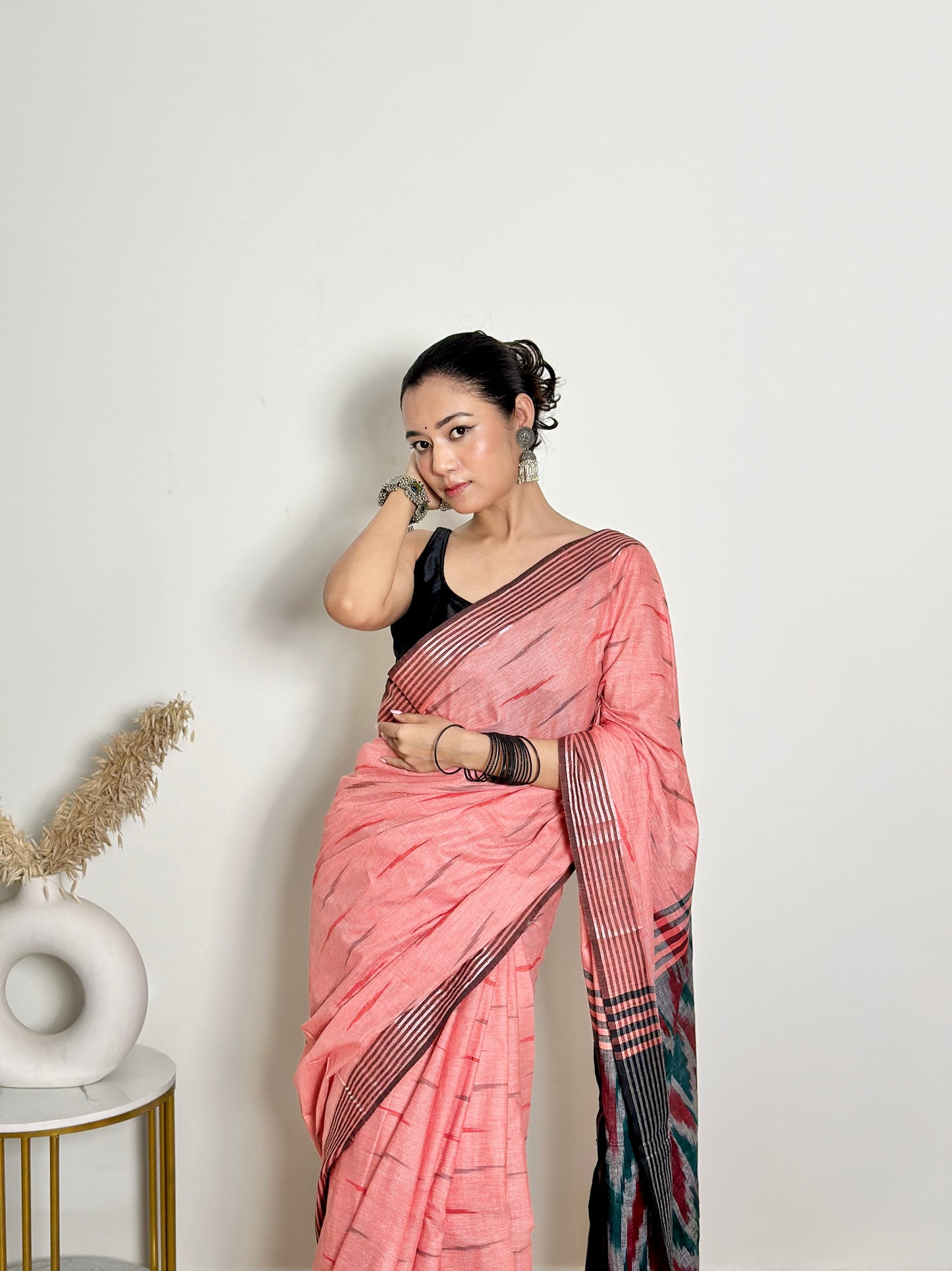 Coral And Grey Ikat Natural Dyed HandCrafted Soft Linen Saree