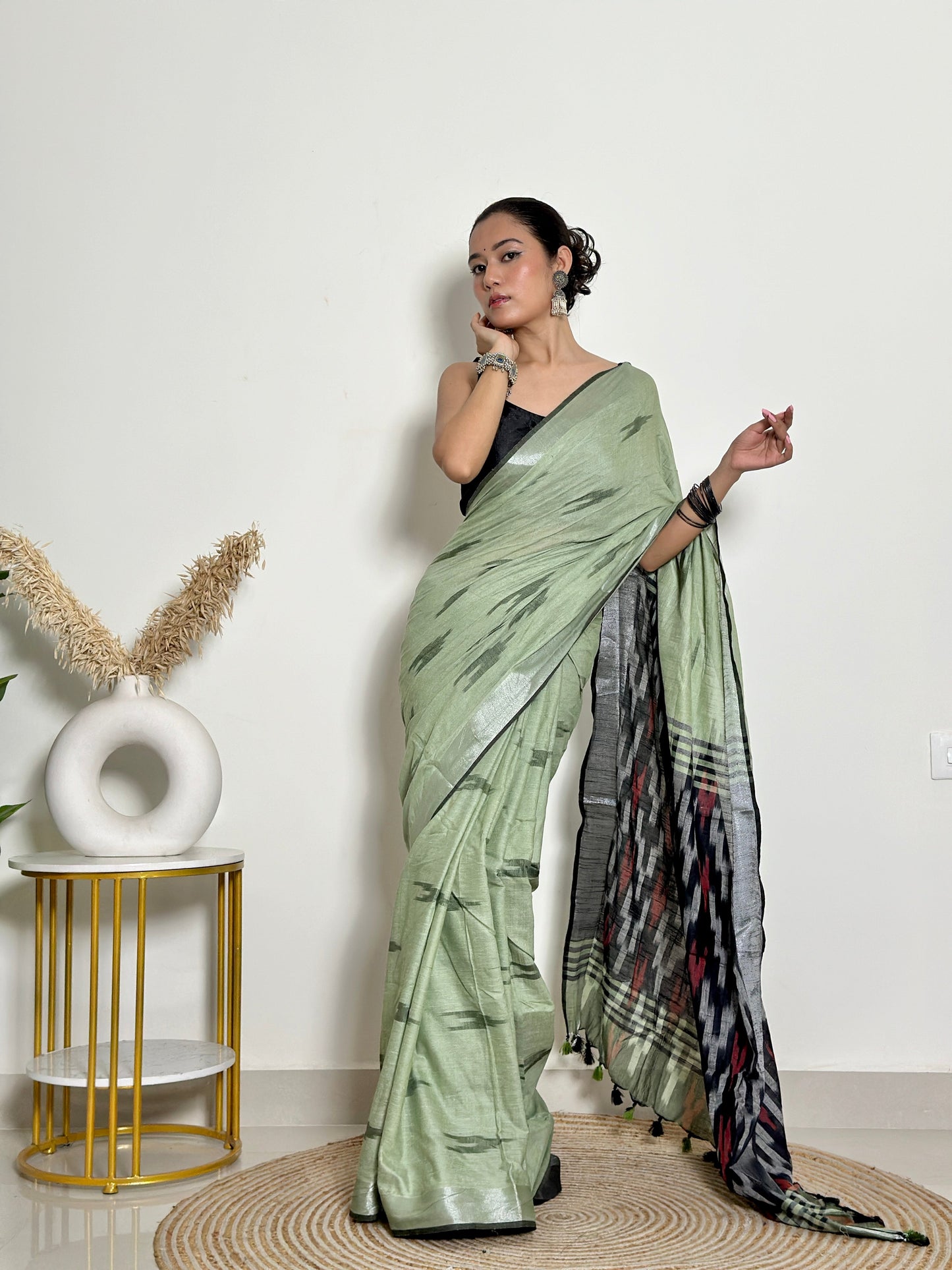 Pista Ikat Natural Dyed HandCrafted Soft Linen Saree
