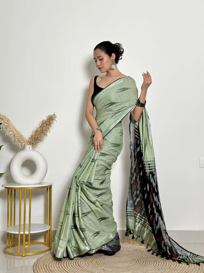Pista Ikat Natural Dyed HandCrafted Soft Linen Saree
