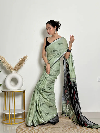 Ikat Natural Dyed HandCrafted Soft Linen Saree