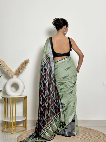 Pista Ikat Natural Dyed HandCrafted Soft Linen Saree