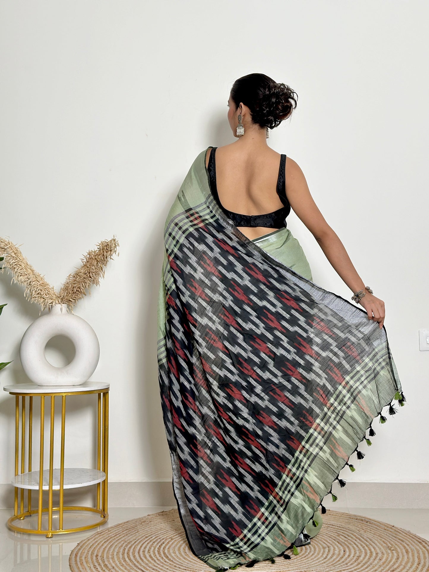 Pista Ikat Natural Dyed HandCrafted Soft Linen Saree