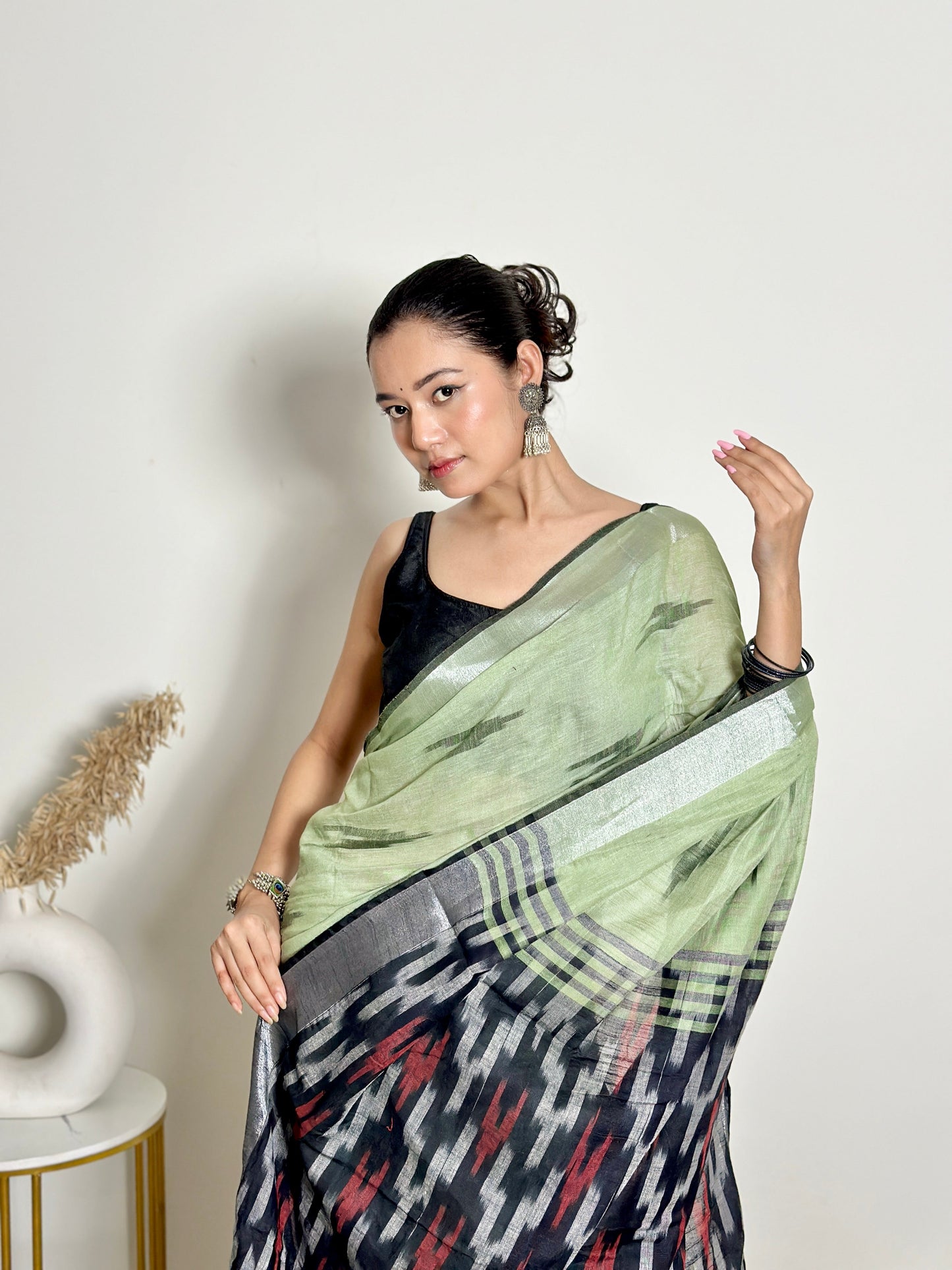 Pista Ikat Natural Dyed HandCrafted Soft Linen Saree