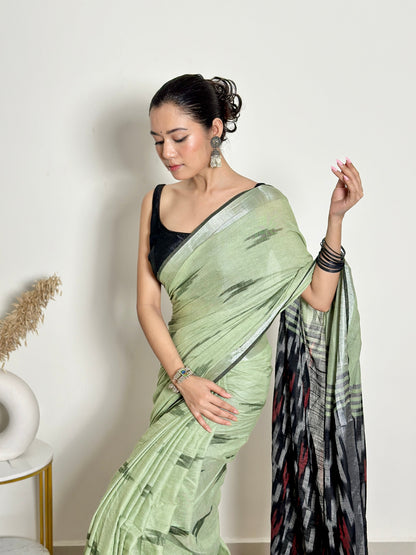 Pista Ikat Natural Dyed HandCrafted Soft Linen Saree