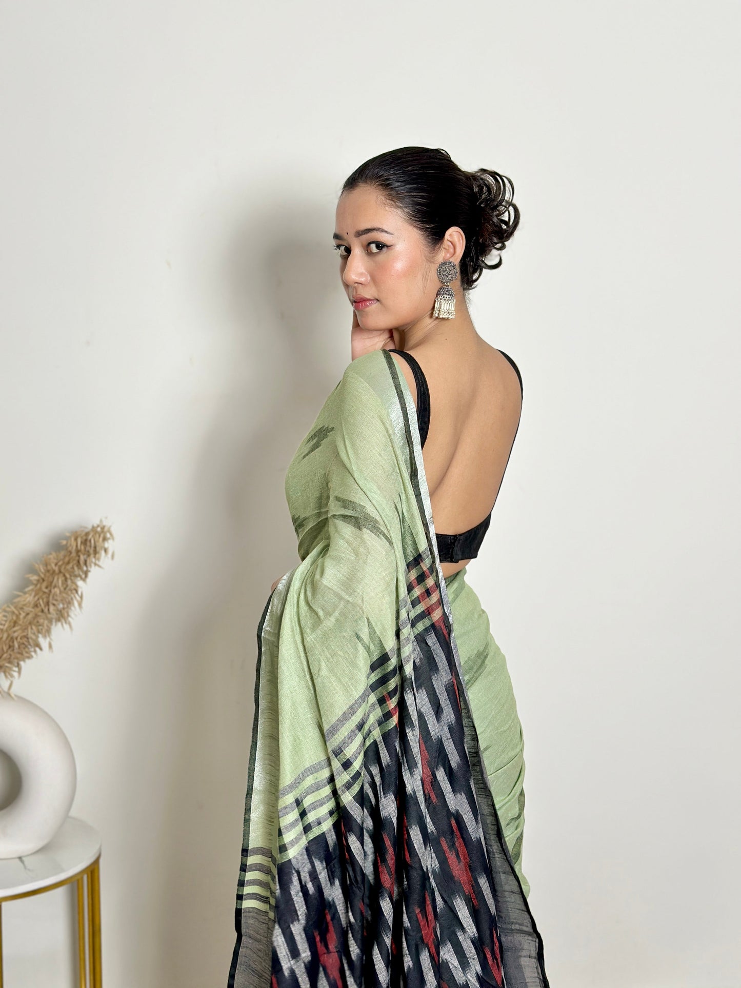 Pista Ikat Natural Dyed HandCrafted Soft Linen Saree