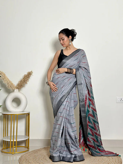 Ikat Natural Dyed HandCrafted Soft Linen Saree