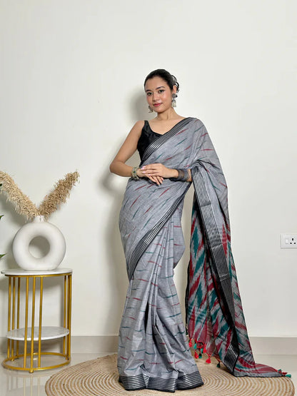 Ikat Natural Dyed HandCrafted Soft Linen Saree